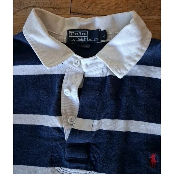 Vintage Polo Ralph Lauren Shirt Mens Large Rugby Long Sleeve Navy Striped - Picture 2 of 7